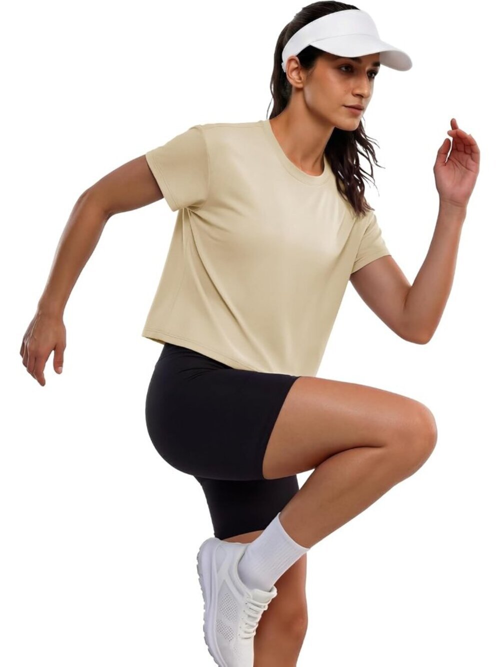 〽️Women's Apricot Short Sleeve Cotton Athletic Crewneck Casual Loose Crop Tops